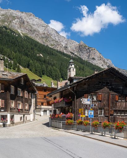 A scenic view of Splugen, an alpine village in Canton Grisons in summer in Switzerland