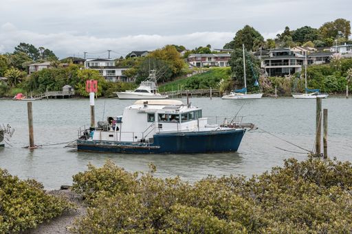 View of motor boat moored in Tamaki River