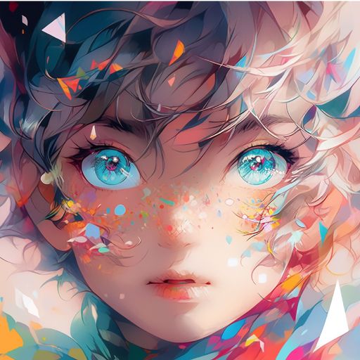 A cheerful anime girl with multi-colored spots on her face and vibrant hair, looking directly at the viewer with a bright smile