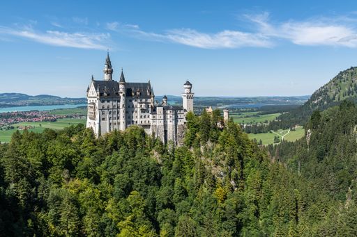 An aerial view of the historic Neuschwanstein Castle surrounded by lush greenery