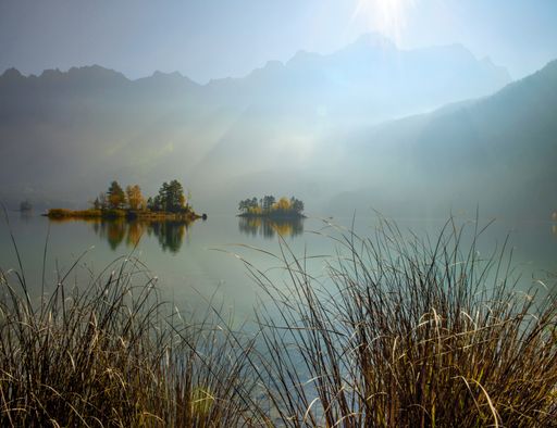 A breathtaking view of Zugspitze lake surrounded with forests in Eibsee