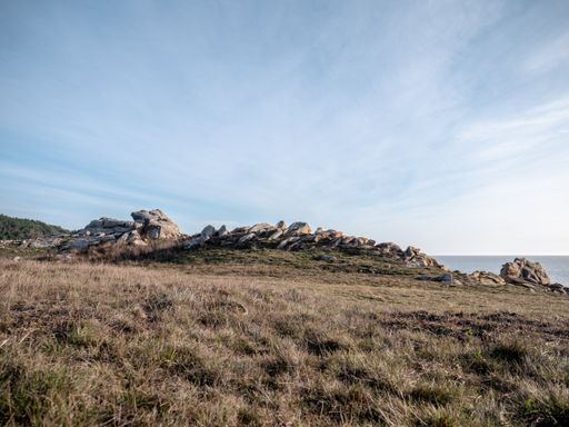 A beautiful shot of a grassy shore under a blue sky on a gloomy day