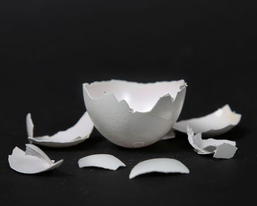 A close-up image of a cracked eggshell on a black background