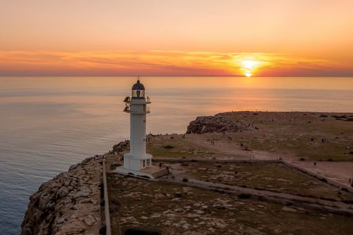 An aerial view of Barbaria cape Lighthouse in Formentera Mediterranean Balearic Islands of Spain