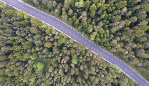 An aerial view of an asphalt highway cutting through a dense forest of trees.