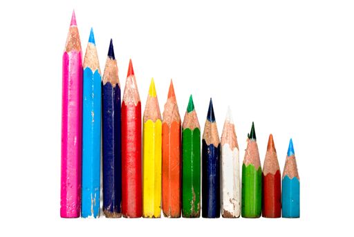 A closeup shot of colorful old colored pencils isolated on white background