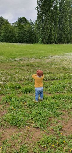 A young boy is seen playing and jumping in a green, grassy field, shot from a vertical angle