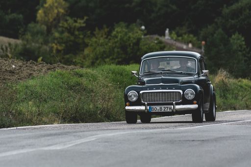 CAGLI , ITALY - OTT 24 - 2020 : volvo on an old racing car in rally Mille Miglia 2020 the famous italian historical race (1927-1957)