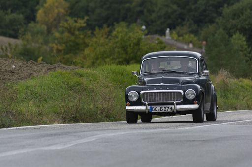 CAGLI , ITALY - OTT 24 - 2020 : volvo on an old racing car in rally Mille Miglia 2020 the famous italian historical race (1927-1957)