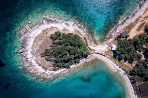 An aerial view of Pula, Croatia, Kamenjan seashore