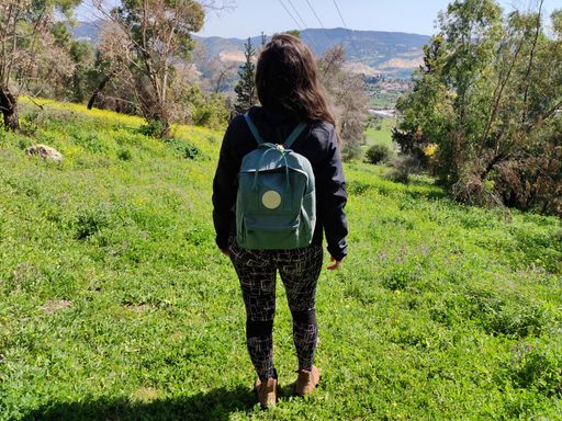 A back view of a young woman traveler with a backpack standing on the mountain and enjoying the view