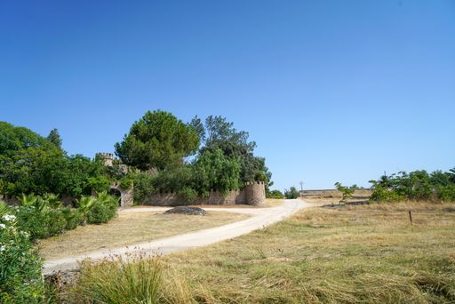 A scenic view of an unpaved road leading to an old castle under a clear blue sky