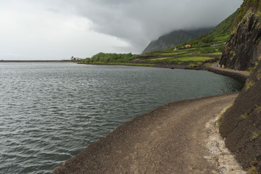 A high angle shot of the Sao Jorge coastline in Azores, Portugal on a gloomy day