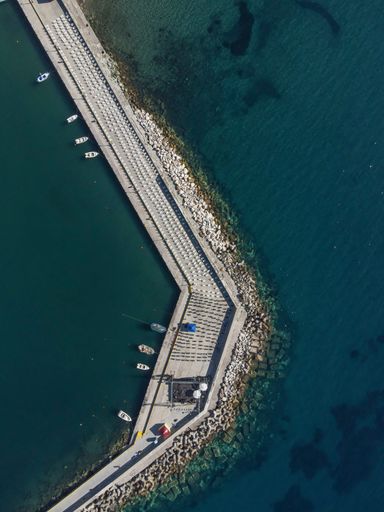 An aerial shot of boats moored on the Alanya Marina in Turkey