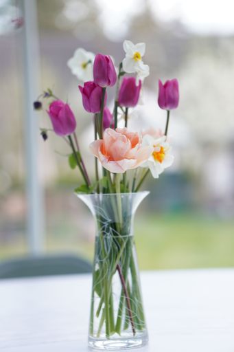 A clear glass vase filled with vibrant, multicolored flowers