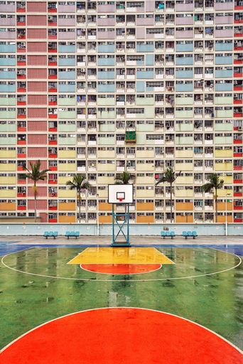 Hong Kong, Hong Kong - January the 6th, 2018 : view of the pastel  facade and basketball court of Choi Hung  Estate