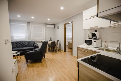 A modern living room with a kitchen