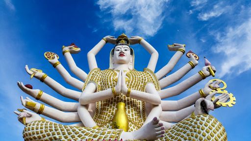 A low angle shot of a Wat Plai Laem Buddhist temple in Koh Samui, Thailand