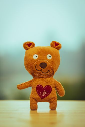 An orange small teddy bear with a red heart-shaped patch on its chest, indicating love and care