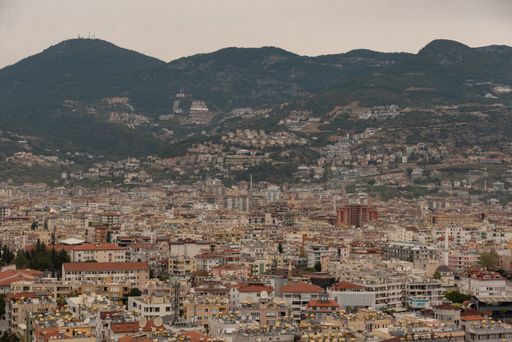 Alanya, Turkey. April 6th 2021Aerial view of Alanya city set on the slopes the Taurus Mountains, Turkey. 