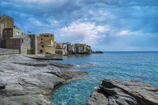 Corsica, Erbalunga, typical houses in the village in summer, on the shore