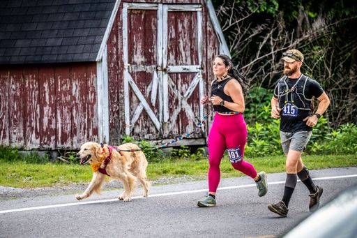 A man and a woman running on an outdoor road with their pet dog.