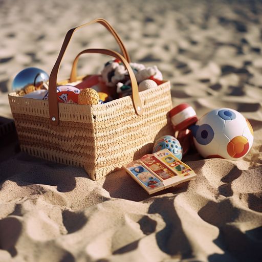 A picnic basket with assorted beach toys and a novel set on a sandy beach