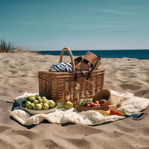 A basket of fresh fruit on a sandy beach surrounded by the tranquil blue ocean