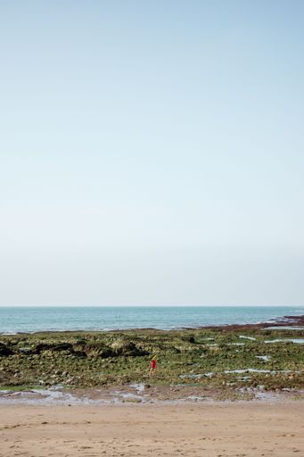 A young boy walking along the rocky shore covered with green algae.