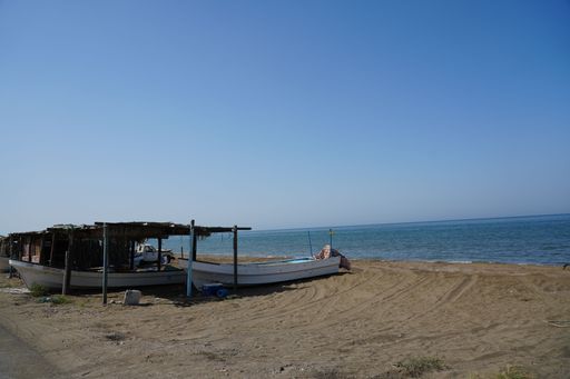 A scenic view of a beach with old boats parked near the shoreline