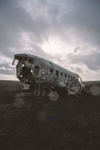 A commercial airplane is pictured in a rural landscape, its wingspan stretching across the horizon