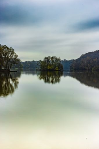A vertical shot of a calm lake reflecting the trees under the cloudy sky