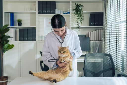 A cute female veterinarian in a white coat cradling a small striped cat.