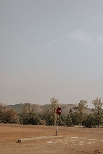 A red stop sign against a background of trees and hills