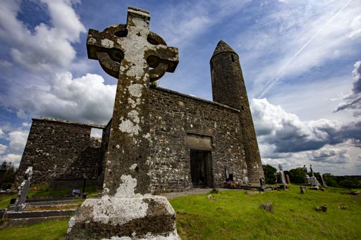 A low angle shot of an old gravestone in a ruined church in county mayo, republic of ireland