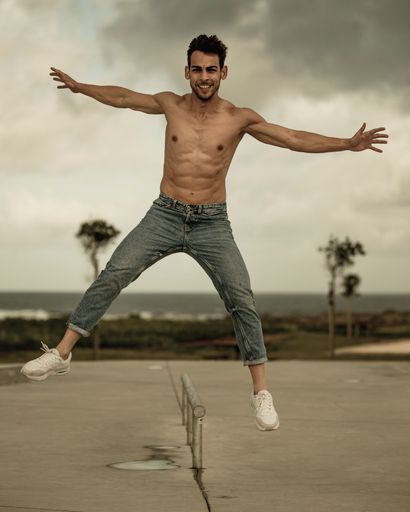 A vertical shot of model Diogo Viana during a photo shoot for the magazine "Mens Health" in Caminha, Portugal