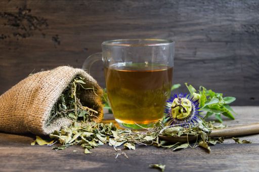 dried flowers and leaves of passiflora or passion fruit to drink sedative tea as an alternative medicine