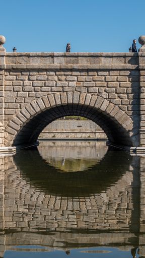 A vertical shot of a stone arch bridge reflecting over a canalized stream