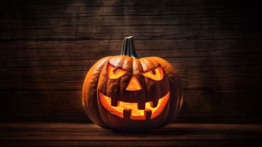 A carved pumpkin in the shape of a traditional jack-o-lantern illuminated by the night sky