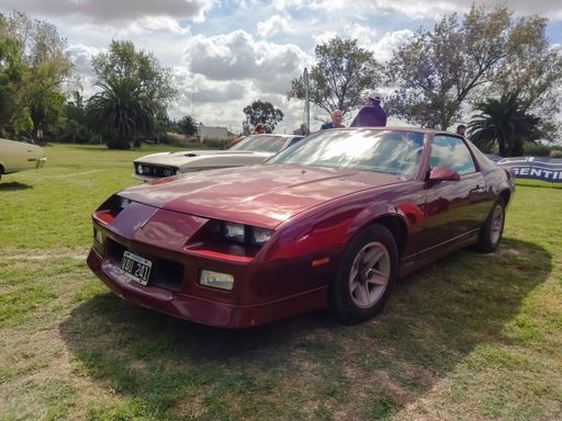 Old red burgundy sport Chevrolet Camaro coupe Third Generation 1982 - 1992 on the lawn. Nature, grass, trees. Classic muscle car.