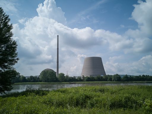 the partially demolished cooling tower of the closed down nuclear power plant of Mulheim-Karlich, Germany