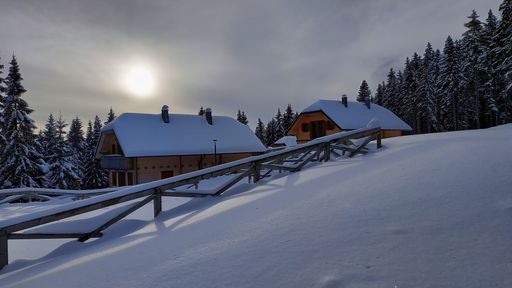 A beautiful view of wooden cottages in a snow-covered winter spruce forest under a cloudy sky