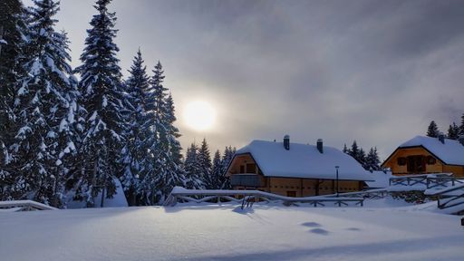 A beautiful view of wooden cottages in a snow-covered winter spruce forest under a cloudy sky