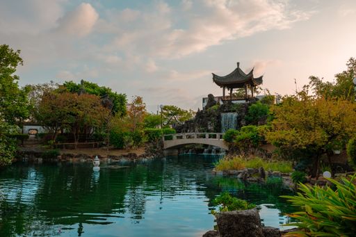 A stunning Japanese pagoda situated in the Fukushuen Garden in Naha, Okinawa, Japan