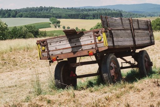 An equestrian carriage parked in a lush grassy area surrounded by a picturesque countryside