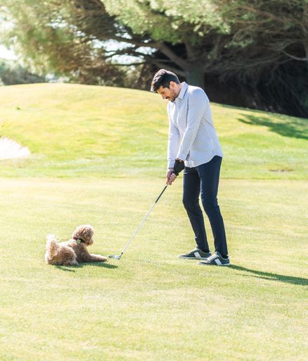 A young Caucasian male playing with his Goldendoodle dog on a professional golf course