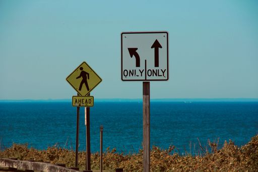 A street sign for pedestrians next to a sign indicating that you can go only straight or turn left