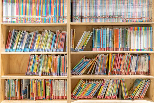 A cozy library with colorful children's books