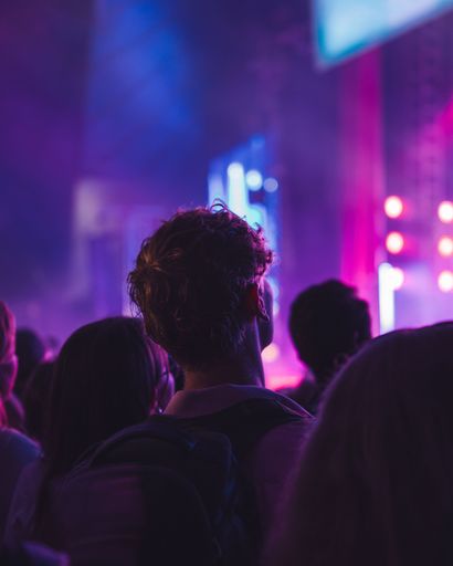A crowd of people watching a band perform on stage in front of them.