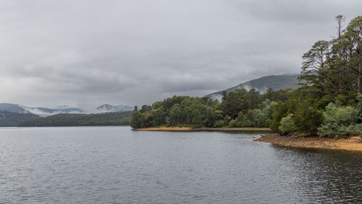 Aerial view of a tranquil lake surrounded by lush green trees and majestic mountain peaks in the background